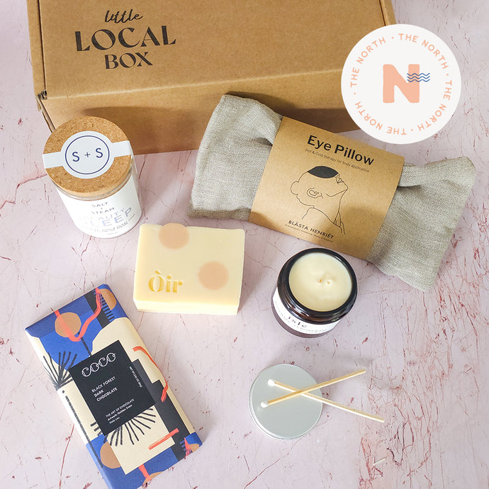Little Local Box - Be Still North Gift Box with Blast Henriet Eye Pillow, Salt & Steam Facial Steam, Coco Chocolate, Oir Soap artisan soap, Isle Handcrafted Soy Wax Candle
