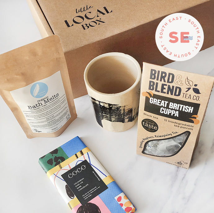 Little Local Box - Tea LC Box South East, packed full of essentials for some Tender Loving Care. Charlotte Manser Ceramics Makers Mug Beaker, Bird & Blend Tea and Corinne Taylor Bath Melts