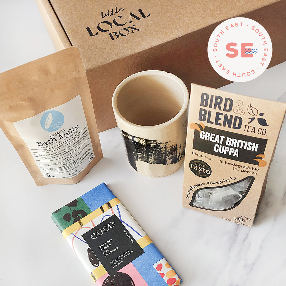 Little Local Box - Tea LC Box South East, packed full of essentials for some Tender Loving Care. Charlotte Manser Ceramics Makers Mug Beaker, Bird & Blend Tea and Corinne Taylor Bath Melts