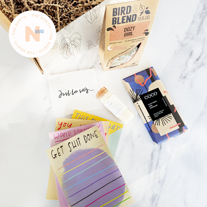 Seize the day Gift collection - Nicola Rowlands Jotter, Coco Chocolate, Bird & Blend Tea & Salt & Steam Facial Steam