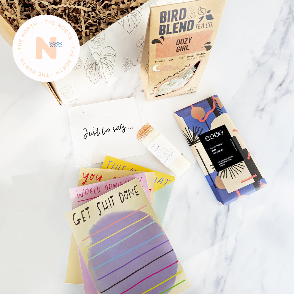 Seize the day Gift collection - Nicola Rowlands Jotter, Coco Chocolate, Bird & Blend Tea & Salt & Steam Facial Steam