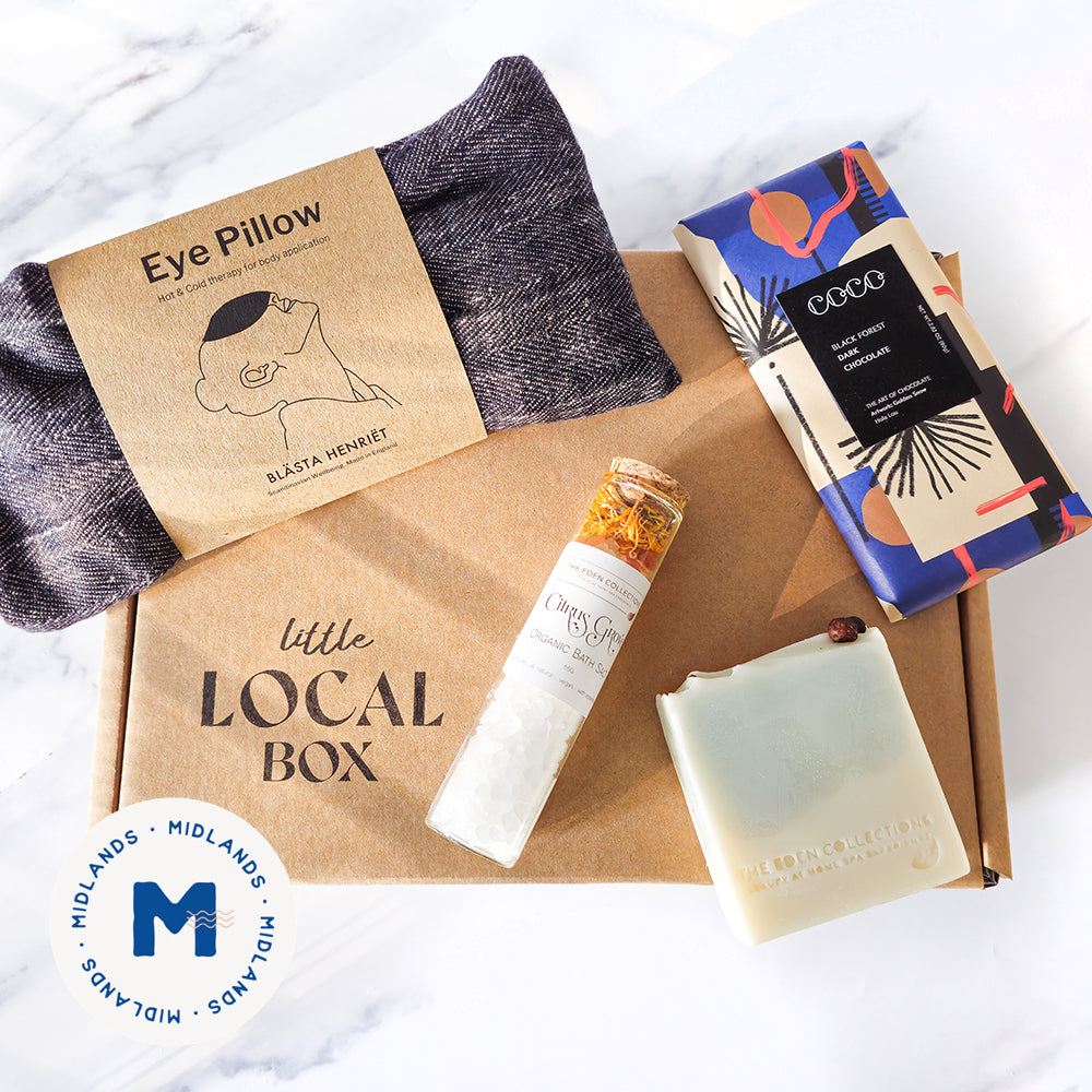 Melt Away Midlands Local Gift Box - Eye Pillow from Blasta Henriet, Bath Salts and Artisan Soap from Eden Collections and COCO Chocolate