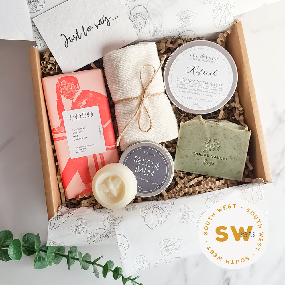 Little Local Box - Rescue gift box care package. Chalke Valley Soaps, The Lane Natural Skincare and Coco Chocolatier.