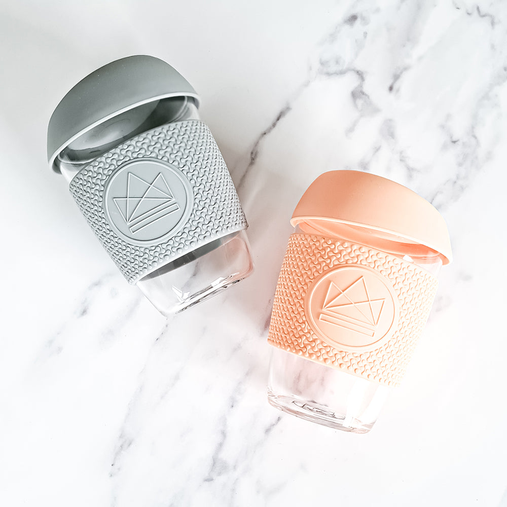 Reusable Glass Cup - Peach & Grey